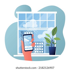Weather app concept. Hand with smartphone watching weather forecast online, program from meteorologists. Search for information on Internet, modern technologies. Cartoon flat vector illustration