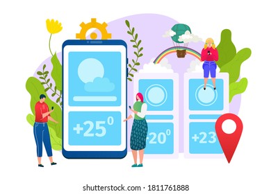 Weather app design, forecast web widgets application template, vector illustration. Mobile interface with weather icons of sun, cloud, temperature and geo location. Meteorology layout.