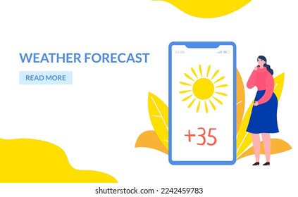 Weather app at flat website page, vector illustration. Season mobile application, cartoon landing banner. Man woman people character use mobile