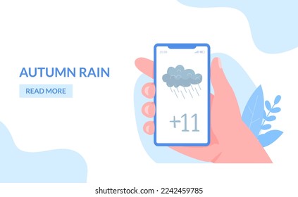 Weather app at flat website page, vector illustration. Season mobile application, cartoon landing banner. Man woman people character use mobile