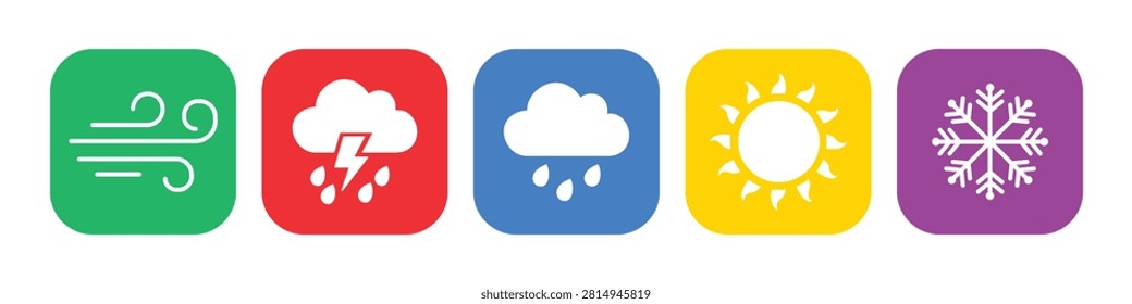 Weather App Icon Set with Sunny, Rainy, Storm, Snowflake and Wind Forecast Symbols.