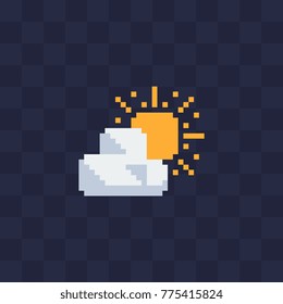 Weather app icon. Sun and clouds. Pixel art flat style. Web site design. 8-bit. Isolated abstract pixel art vector illustrations. 