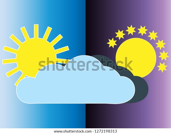 Weather app icon for web applications divided in\
the middle of frame with half day half night sun and moon on or\
behind clouds