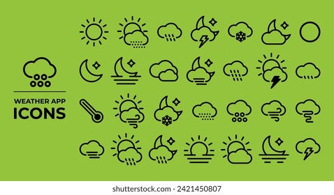 Iconos de aplicaciones meteorológicas, adecuados para representar aplicaciones que proporcionan información sobre condiciones meteorológicas y pronósticos meteorológicos.