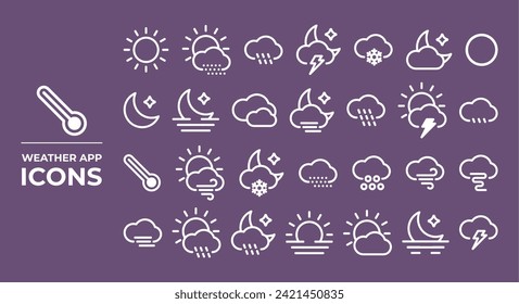 Weather app icons, suitable for representing applications that provide information about weather conditions and weather forecasts.