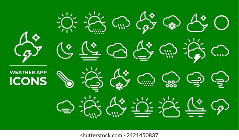 Wetter-App-Icons, geeignet für die Darstellung von Anwendungen, die Informationen über Wetterbedingungen und Wettervorhersagen bieten.