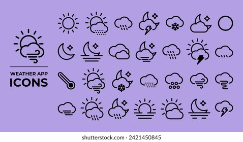 Weather app icons, suitable for representing applications that provide information about weather conditions and weather forecasts.
