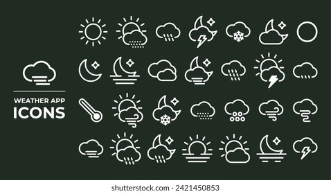 Iconos de aplicaciones meteorológicas, adecuados para representar aplicaciones que proporcionan información sobre condiciones meteorológicas y pronósticos meteorológicos.