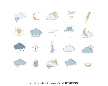 Weather app icons for web drawing with color in linear style on white background