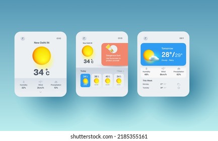 Weather app UI, UX screens for smart watches. Flat design illustrations.