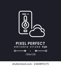Weather app white linear desktop icon on black. Meteorological forecast. Atmosphere conditions. Pixel perfect 128x128, outline 4px. Isolated user interface symbol for dark theme. Editable stroke