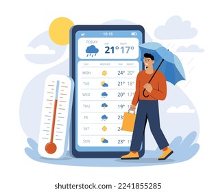 Weather application concept. Man with umbrella and bag against background of thermometer and smartphone. Meteorological forecasts. Graphic element for website. Cartoon flat vector illustration