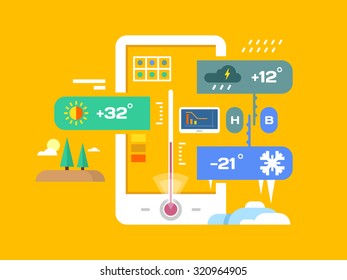 Weather application. Forecast and temperature, smartphone and rainy, sunny and meteorology, flat vector illustration