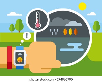 Weather application information on smart watch vector concept Illustration in flat style design.