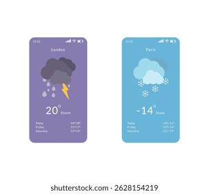 Weather Application Template for Mobile Apps. Stock Illustration. Storm and Snow