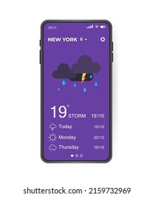 Weather Application user interface. UI, UX elements. Realistic smartphone with Weather app. Vector illustration concept