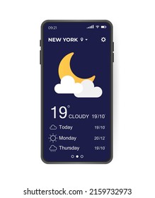 Weather Application user interface. UI, UX elements. Realistic smartphone with Weather app. Vector illustration concept