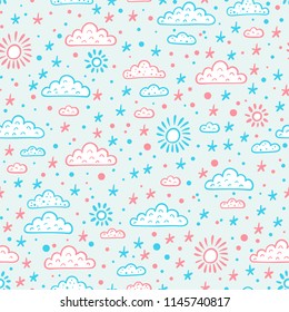 Weather background. Sky Seamless pattern with doodle Clouds, Stars and Sun. Cute Wallpaper for kids. Baby Shower design Vector illustration