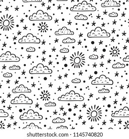 Weather background. Sky Seamless pattern with doodle Clouds, Stars and Sun. Cute Wallpaper for kids. Baby Shower design Vector illustration