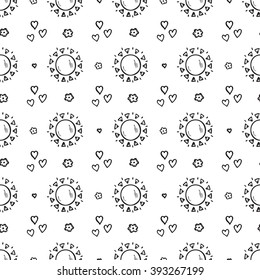 Weather background. Sun Seamless pattern. Hand drawn doodle sun. Background for kids. Children's wallpaper. Black and white