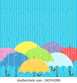 Weather background with umbrellas and rain drops