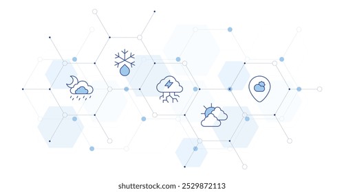 Ilustración vectorial de Anuncio de Clima con estilo de icono en el medio. Icono de línea Duotone. Contiene fase lunar, puesta de sol, temperatura, nublado, nubes.