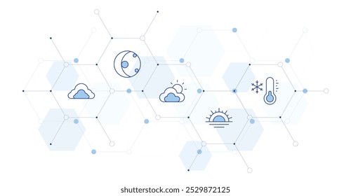 Ilustración vectorial de Anuncio de Clima con estilo de icono en el medio. Icono de línea Duotone. Contiene fase lunar, puesta de sol, temperatura, nublado, nubes.