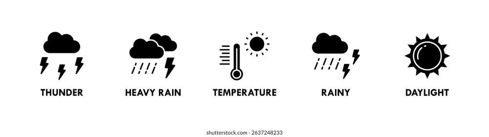 Weather banner web icon vector illustration concept with icons of thunder, heavy rain, temperature, rainy, and daylight