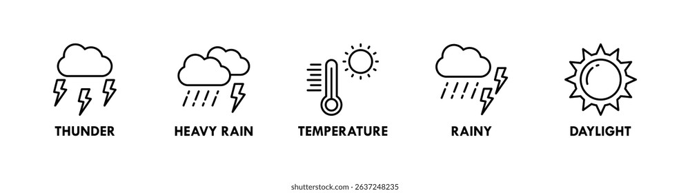 Weather banner web icon vector illustration concept with icons of thunder, heavy rain, temperature, rainy, and daylight