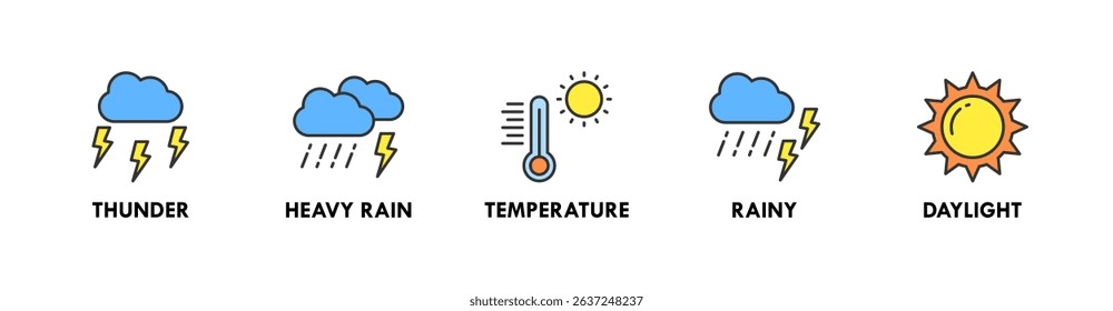 Weather banner web icon vector illustration concept with icons of thunder, heavy rain, temperature, rainy, and daylight