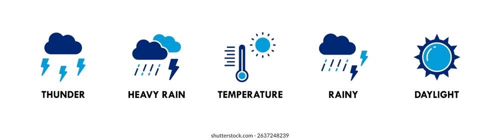 Weather banner web icon vector illustration concept with icons of thunder, heavy rain, temperature, rainy, and daylight