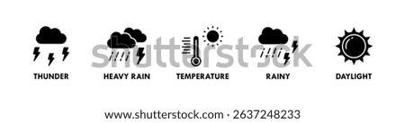 Weather banner web icon vector illustration concept with icons of thunder, heavy rain, temperature, rainy, and daylight