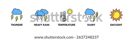 Weather banner web icon vector illustration concept with icons of thunder, heavy rain, temperature, rainy, and daylight