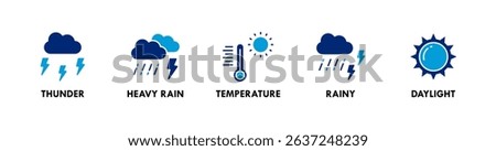 Weather banner web icon vector illustration concept with icons of thunder, heavy rain, temperature, rainy, and daylight