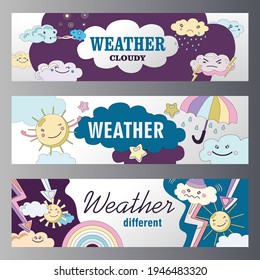 Wetterbanner setzen Vektorgrafik. Verschiedene Wetterthemen sind Banner. Bewölkt, sonnig, regnerisch mit märchenhaften Himmelsfiguren in flachem bunter Design. Stimmung, Wetter, Naturkonzept