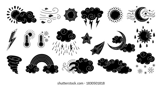 Weather black glyph set. Doodle hand drawn sun and clouds, rain or snow, lightning, moon and star. Symbols of forecast weather. Vector outline collection. Meteorological infographics linear signs