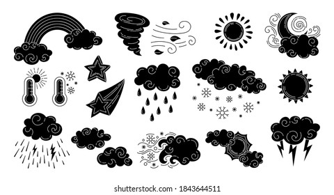 Weather black glyph set. Doodle sun and clouds, rain or snow, lightning, moon and star, rainbow. Nature symbols of forecast weather. Meteorological infographics outline signs. Vector illustration