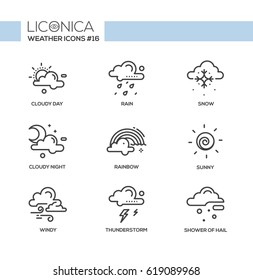 Weather - black and white vector modern single line icons set. Cloudy, sunny, windy, day and night, snow, rainbow, thunderstorm, lightning, shower of hail, rain.