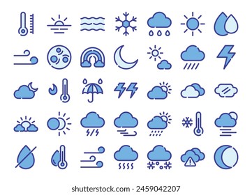 Weather blue - color outline icons set. The collection includes in business, UI UX, social media and website.