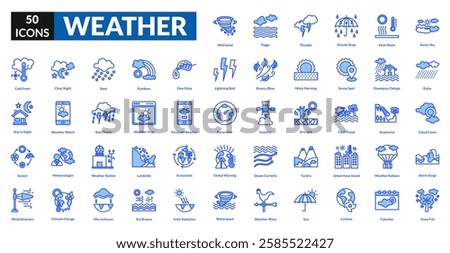 Weather blue icon collection set. Includes sunshine, rain, storm, clouds, snow, temperature, wind, thunder, forecast, humidity, lightning, breeze, weather vane, precipitation, barometer