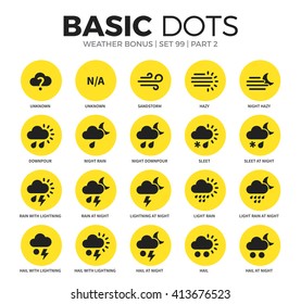 Weather bonus flat icons set with downpour, sleet, hail at night and sandstorm isolated vector illustration on white