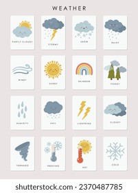Weather Cards, Educational Cards, Kids materials, Kindergarten vector, School materials, Educational vector, weather elements