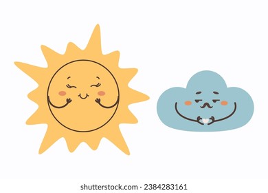  El personaje de la caricatura del clima nube y el sol abrazan el coqueteo