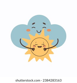  Weather cartoon character cloud and sun embrace flirting