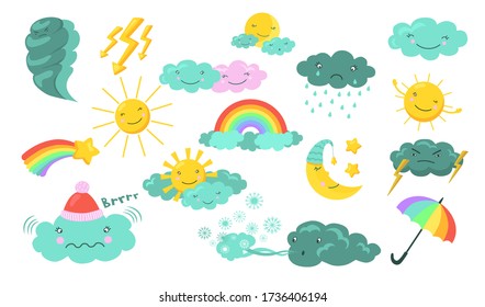 Weather cartoon characters. Cute cloud, sun with face, rainbow, moon, rain, star, lightning, umbrella, wind. Vector illustration for sunny or rainy weather, summer or winter, nature, planet topics