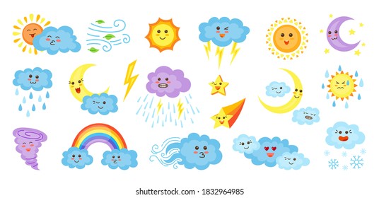 Weather cartoon characters set. Cute kawaii style emoticons sun and clouds, rain or snow, lightning, moon, star, rainbow. Meteorological signs with faces. Funny symbols forecast weather. Vector