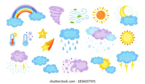 Weather cartoon set. Cute hand drawn sun and clouds, rain or snow, lightning, moon and star, rainbow, thermometer. Symbols of forecast weather. Meteorological infographics signs. Vector illustration