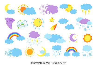 Viñeta de dibujos animados del tiempo. Sol plano y nubes, lluvia o nieve, relámpagos, luna y estrella, arco iris y termómetro. Los símbolos pronostican el tiempo. Colección vectorial de colores vivos. Signos de infografía meteorológica