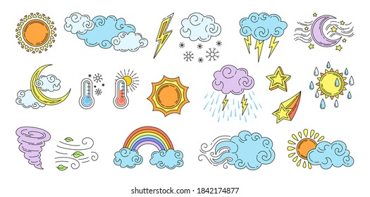 Weather cartoon set. Linear hand drawn sun and clouds, rain or snow, lightning, moon, star, rainbow. Symbols forecast weather. Vector outline colored collection. Meteorological infographics signs