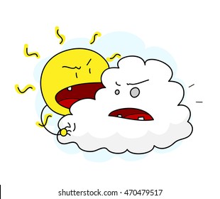 Weather Cartoon Sun and Cloud. A hand drawn vector cartoon illustration of a sun and a cloud having an argument.